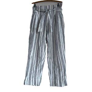 Madewell Linen-Cotton Paperbag Pants Dark Baltic Stripe Women's 8 Blue White